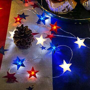 4th of July Decorations Red White and Blue String Lights Battery Operated 16FT 50 LED Patriotic Fairy Lights with Timer & Remote for Independence Day Memorial Day Fourth of July Decor for Home