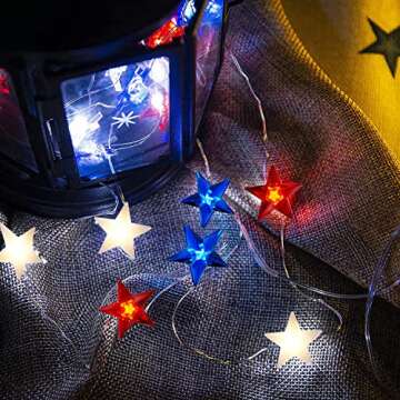 4th of July Decorations Red White and Blue String Lights Battery Operated 16FT 50 LED Patriotic Fairy Lights with Timer & Remote for Independence Day Memorial Day Fourth of July Decor for Home