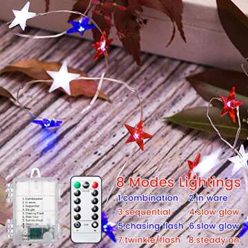 4th of July Decorations Red White and Blue String Lights Battery Operated 16FT 50 LED Patriotic Fairy Lights with Timer & Remote for Independence Day Memorial Day Fourth of July Decor for Home