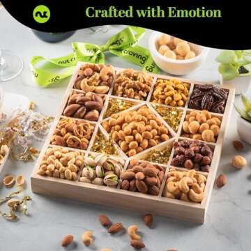 NUT CRAVINGS Gourmet Collection - Valentines Mixed Nuts Gift Basket in Reusable Diamond Wooden Tray + Green Ribbon (13 Assortments) Arrangement Platter, Healthy Kosher Corporate