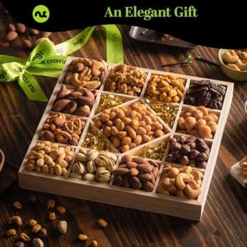 NUT CRAVINGS Gourmet Collection - Valentines Mixed Nuts Gift Basket in Reusable Diamond Wooden Tray + Green Ribbon (13 Assortments) Arrangement Platter, Healthy Kosher Corporate