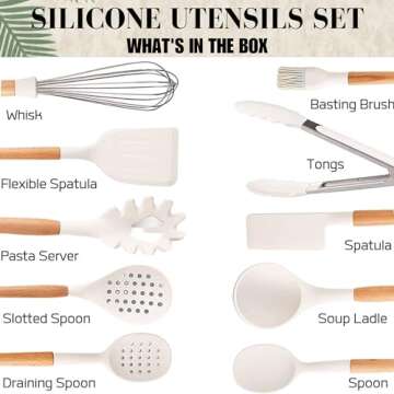 White Silicone Kitchen Utensils Set - Silicone Kitchen Utensils Set with Holder | 11 Pcs wooden Cooking Utensils Set Kitchen Gadgets - Heat Resistant Utensil Sets for Cookware & Baking (BPA Free)