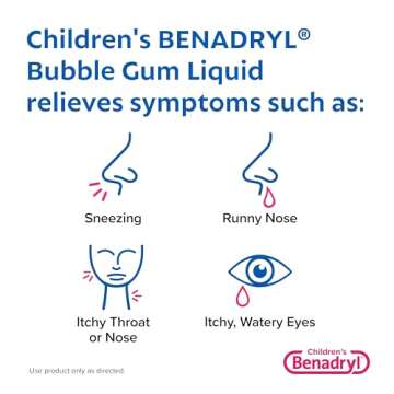 Benadryl Children's Dye-& Sugar-Free Allergy Relief Liquid Medicine with Diphenhydramine HCl, Antihistamine Allergy Medicine for Kids, Dye-Free, Alcohol-Free, Bubble Gum Flavor, 8 fl. oz