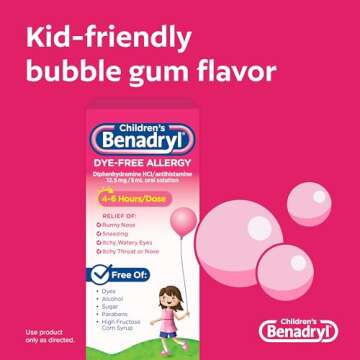 Benadryl Children's Dye-& Sugar-Free Allergy Relief Liquid Medicine with Diphenhydramine HCl, Antihistamine Allergy Medicine for Kids, Dye-Free, Alcohol-Free, Bubble Gum Flavor, 8 fl. oz