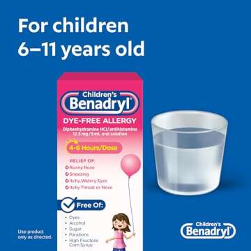 Benadryl Children's Dye-& Sugar-Free Allergy Relief Liquid Medicine with Diphenhydramine HCl, Antihistamine Allergy Medicine for Kids, Dye-Free, Alcohol-Free, Bubble Gum Flavor, 8 fl. oz