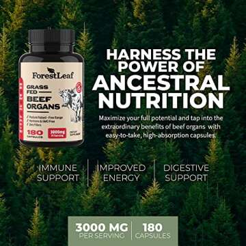 ForestLeaf Beef Organ Supplement - Grass Fed & Pasture Raised - Total Body Wellness & Performance, Organ Complex Desiccated Beef Liver, Heart, Kidney, Pancreas, Spleen (180 Capsules)