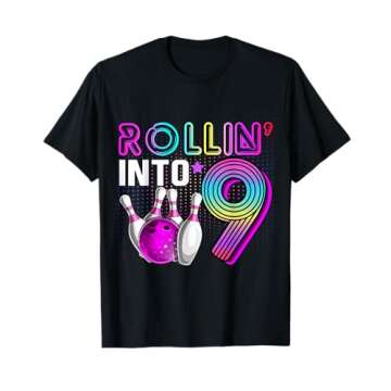 Rollin into 9 Bowling Birthday Party 9th Birthday Retro Girl T-Shirt