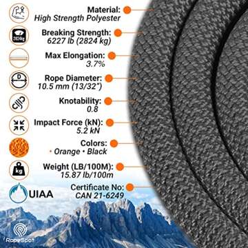 Powerful UIAA Static Rock Climbing Rope - High Strength Static Climbing Rope - Rock Mountaineering Climbing Gear - 10.5mm Rescue Rope - Heavy Duty Rope (Black, 32)