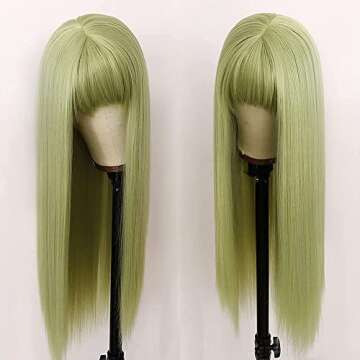 Beauty of Life Synthetic Light Green Long Straight Wig with Bangs Heat Resistant Machine Made Cosplay Party Wigs for Fashion Women (24 Inch light green) JZ-Green