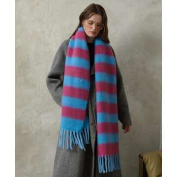 MININAI Women's Fall Winter Chunky Scarves Big Thick Warm Knit Blanket Scarf Long Oversized Striped Tassel Shawls Wraps (Blue Rose Red)