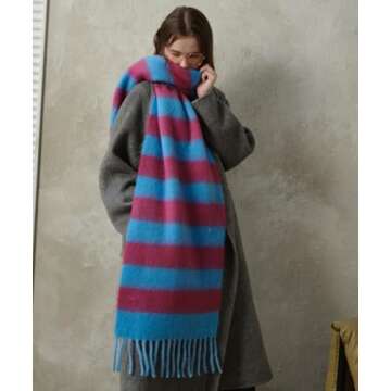 MININAI Women's Fall Winter Chunky Scarves Big Thick Warm Knit Blanket Scarf Long Oversized Striped Tassel Shawls Wraps (Blue Rose Red)