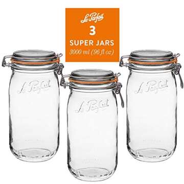 Le Parfait Super Jar, Canning Jar, 3L French Glass Canning Jar w/Round Body, Glass Jars W/Airtight Lid, Canning Jars Wide Mouth, Glass Jar W/Lid, Clear Jar, Clear Glass Jars (96oz/3 Quarts, 3 pk CP)