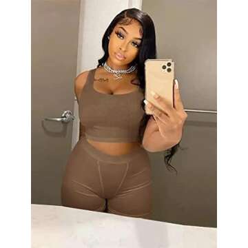 AYWA Casual Workout Sets Two Piece Outfits for Women Ribbed Crop Tank Top High Waist Leggings Active Wear (Brown-shorts, Medium)