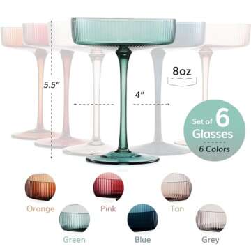 Colored Vintage Art Deco Coupe Glasses - Martini, Cocktail & Champagne Ribbed Glasses 7oz | Set of 6 | Cute Pastel Muted Crystal Cocktail Glassware, Goblet Cocktails, Stemmed Ripple Glassware Gift Box