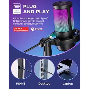 InnoGear Gaming USB Microphone, AI-Noise Cancelling Condenser Mic with Mute, Gain, RGB Indicator, Boom Arm Stand for Streaming, Podcast, Twitch, YouTube, Discord, PC, Computer, PS4, PS5, Mac, Black