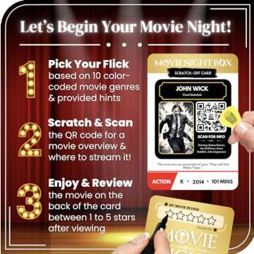 Movie Night Box: Top 100 Scratch-Off Movies & Hidden Gems - 10 Diverse Color-Coded Movie Genres - Interactive Game for Couples, Family, or Solo Entertainment - Gifts for Movie Lovers, Him, Her