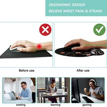 Mouse Pad with Wrist Support, Ergonomic Mouse Pad with Memory Foam Wrist Rest Cushion, Non-Slip Rubber Base Gaming Mice Pad for Home Office Computer Laptop, Flower Black