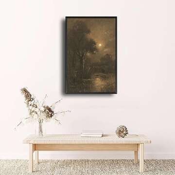 Canvas Painting PicturesVintage Landscape Painting Evening Landscape Print Moody Rustic Art Vertical Art Physical Prints Nature Art Suitable for Living Room Bedroom Office Decoration 12x18inch-Metal Frame