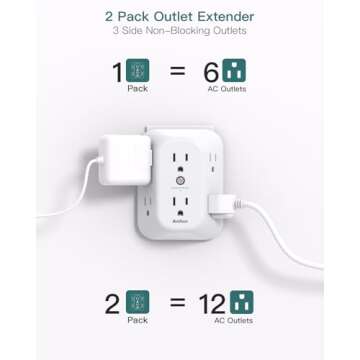 2-Pack Surge Protector Outlet Extender, Outlet Splitter, 6 AC Multi Plug Wall Outlet, Outlet Adapter with 1800J, Plug Extension Outlet for Home Office Dorm Room