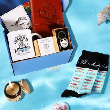 Gifts Set for Men,Dad Gift Box from Son Daughter,Fishing Fisherman Gifts for Father's Day Birthday Cool Funny Basket Present Friend with Ceramic Coffee Wine Mug Cup, Notebook, Scented Candle