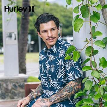 Hurley Men's One and Only Textured Short Sleeve Button Up, blue ox, XL