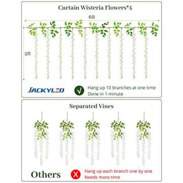 JACKYLED 40 Branches Wisteria Hanging Flowers 6 Feet Artificial White Wisteria Vine Silk Wisteria Flowers Garland for Wedding Arch Party Garden Home Decor (4 Packs)