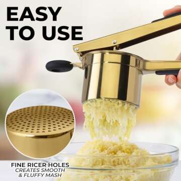 Zulay Kitchen Large 15oz Potato Ricer, Heavy Duty Stainless Steel Potato Masher and Ricer for Mashed Potatoes, Mashed Potato Masher & Potato Press Gadget for Perfect Mashed Potatoes - Gold/Black