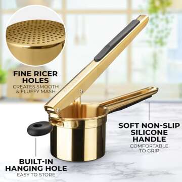 Zulay Kitchen Large 15oz Potato Ricer, Heavy Duty Stainless Steel Potato Masher and Ricer for Mashed Potatoes, Mashed Potato Masher & Potato Press Gadget for Perfect Mashed Potatoes - Gold/Black