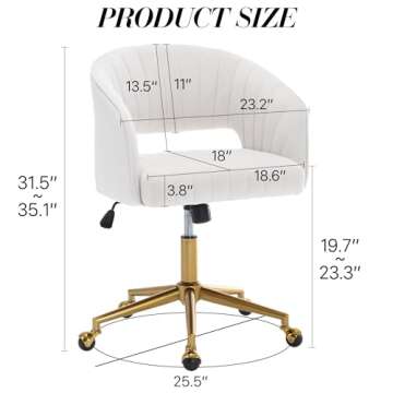 Home Office Chair Swivel Velvet Desk Chair Accent Armchair Upholstered Modern Tufted Chairs with Gold Base for Girls Women Ergonomic Study Seat Computer Task Stools for Living Room(Cream)