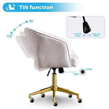 Home Office Chair Swivel Velvet Desk Chair Accent Armchair Upholstered Modern Tufted Chairs with Gold Base for Girls Women Ergonomic Study Seat Computer Task Stools for Living Room(Cream)