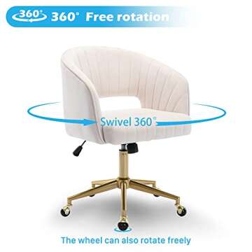 Home Office Chair Swivel Velvet Desk Chair Accent Armchair Upholstered Modern Tufted Chairs with Gold Base for Girls Women Ergonomic Study Seat Computer Task Stools for Living Room(Cream)