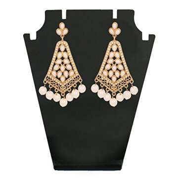 Touchstone Indian Bollywood Traditional Handcrafted Faux Pearls Long Chandelier Designer Crystal Jewelry Colorful Long Earrings Jhumki In Gold Tone For Women.