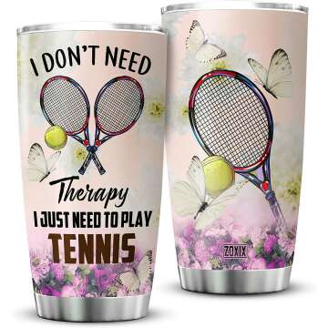 ZOXIX I Don't Need Therapy I Just Need To Play Tennis Tumbler Cup 20oz Tennis Player Gifts For Women Insulated Coffee Mug Sports Themed Butterfly Flower Floral Vacuum Tumblers