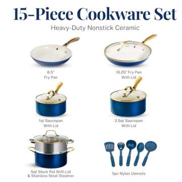 GOTHAM STEEL 15 Pc Ceramic Pots and Pans Set Non Stick, Kitchen Cookware Sets, Pot and Pan Set, Ceramic Cookware Set, Non Toxic Cookware Set, Non Stick Pots and Pan Set, Dishwasher Safe - Navy