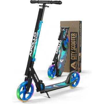 APOLLO Adult Scooter - Folding Kick Scooter for Teens and Adults Weighing up to 220 lbs. Foldable, with Big Wheels (XXL), and an LED Light-Up Wheel Option