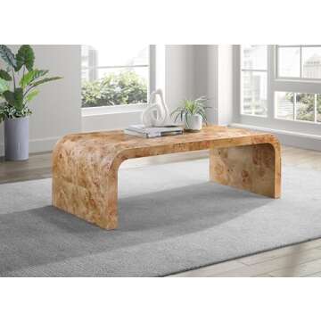 Meridian Furniture 269-C Cresthill Collection Mid-Century Modern Coffee Table with Ash Burl Wood, Natural Ash Finish, Curved Art Deco Design, 48" W x 24" D x 16" H, Natural