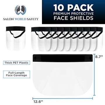 Salon World Safety Black Face Shields (Pack of 10) - Ultra Clear Protective Full Face Shields to Protect Eyes, Nose and Mouth