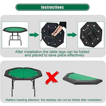 ECOTOUGE Poker Table Foldable, Casino Leisure Texas Holdem Game Table w/Metal Legs & Stainless Steel Cup Holders, 8 Players Octagon GamingTable for Blackjack, Club, Family Games, Green