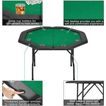 ECOTOUGE Poker Table Foldable, Casino Leisure Texas Holdem Game Table w/Metal Legs & Stainless Steel Cup Holders, 8 Players Octagon GamingTable for Blackjack, Club, Family Games, Green