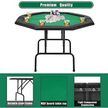 ECOTOUGE Poker Table Foldable, Casino Leisure Texas Holdem Game Table w/Metal Legs & Stainless Steel Cup Holders, 8 Players Octagon GamingTable for Blackjack, Club, Family Games, Green