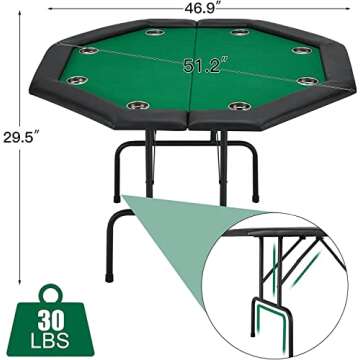 ECOTOUGE Poker Table Foldable, Casino Leisure Texas Holdem Game Table w/Metal Legs & Stainless Steel Cup Holders, 8 Players Octagon GamingTable for Blackjack, Club, Family Games, Green