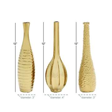 Deco 79 Ceramic Decorative Vase Slim Textured Bottleneck Centerpiece Vases with Varying Patterns, set of 3 Flower Vases for Home Decoration 4" x 4" x 12", Gold