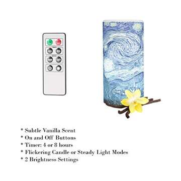 Flameless Candle - Van Gogh Starry Night Battery Operated LED Candle with Remote and Flickering Light - Candles for Home Décor by Lavish Home