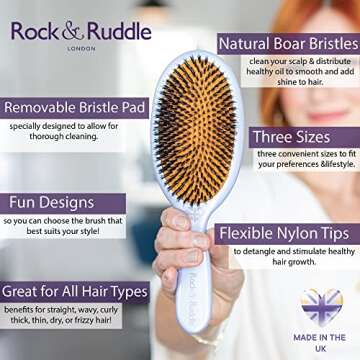 Rock & Ruddle Natural Mixed Boar Bristle Hair Brush for Women and Kids (Small/Travel Size, 17.5cm) - Perfect for Wet or Dry Hair, Detangling Smoothing Blowdrying - Made in UK - Black & White Stripes