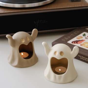 Adorable Spooky Ghostface Candle Holder, Home Atmosphere Ceramic Decor, Set of 2