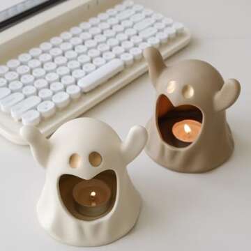 Adorable Spooky Ghostface Candle Holder, Home Atmosphere Ceramic Decor, Set of 2