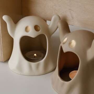 Adorable Spooky Ghostface Candle Holder, Home Atmosphere Ceramic Decor, Set of 2