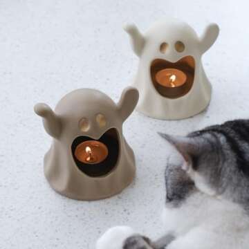 Adorable Spooky Ghostface Candle Holder, Home Atmosphere Ceramic Decor, Set of 2