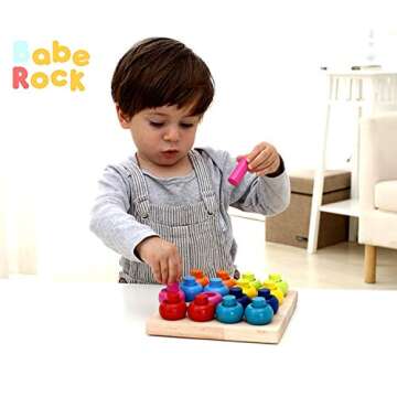 Babe Rock Wooden Color Sorting Stacking Rings Board Educational Learning Counting Toys Puzzle Games for 1 Year Old Preschool Kids Children Gift