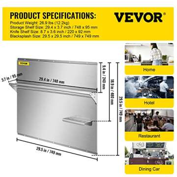 VEVOR Range Backsplash with Shelf 29.5 x 29.5 Inch Range Hood Wall Shield, Stainless Steel Backsplash Silver Splash Plate for Range Hood Stainless Backsplash with Storage Shelf and Hanging Rack